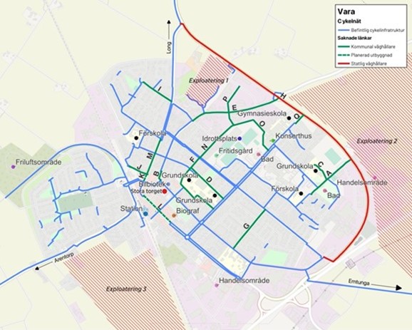 Bild som visar befintlig cykelinfrastruktur i Vara tätort