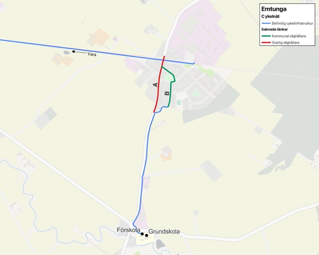 Bild som visar befintlig cykelinfrastruktur och saknade länkar i Emtunga